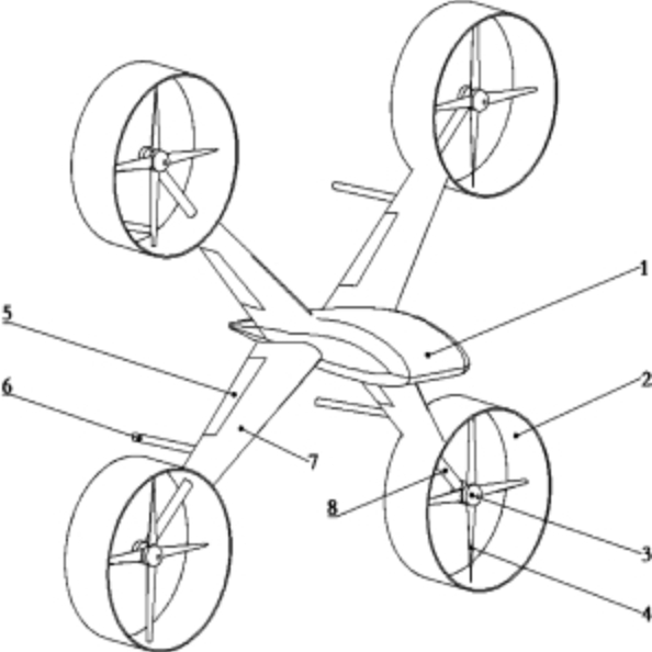 四涵道螺旋桨动力方式的可垂直起降固定翼无人飞行器